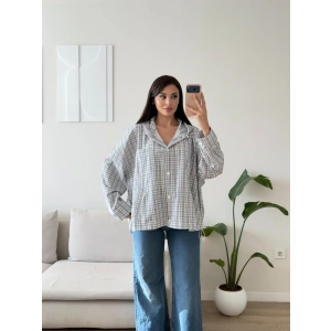 Kapüşonlu Ekose Oversize Ceket - BEYAZ