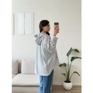 Kapüşonlu Ekose Oversize Ceket - BEYAZ