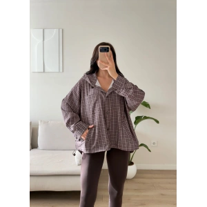 Kapüşonlu Ekose Oversize Ceket - KAHVE