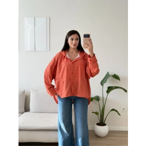 Kapüşonlu Ekose Oversize Ceket - TURUNCU