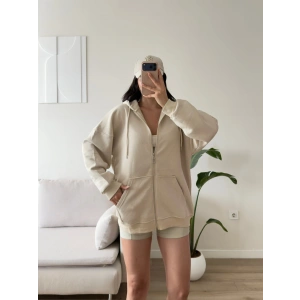 Kapüşonlu Oversize Fermuarlı Hırka - BEJ