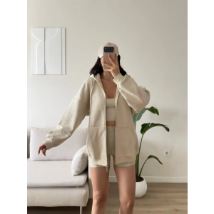 Kapüşonlu Oversize Fermuarlı Hırka - BEJ