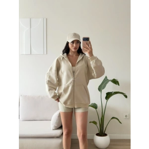 Kapüşonlu Oversize Fermuarlı Hırka - BEJ