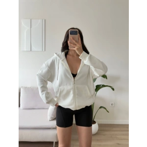 Kapüşonlu Oversize Fermuarlı Hırka - BEYAZ