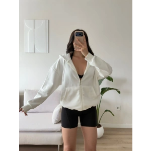 Kapüşonlu Oversize Fermuarlı Hırka - BEYAZ