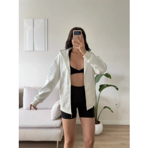 Kapüşonlu Oversize Fermuarlı Hırka - BEYAZ