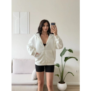 Kapüşonlu Oversize Fermuarlı Hırka - BEYAZ