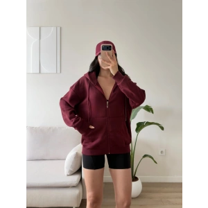 Kapüşonlu Oversize Fermuarlı Hırka - BORDO
