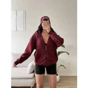 Kapüşonlu Oversize Fermuarlı Hırka - BORDO