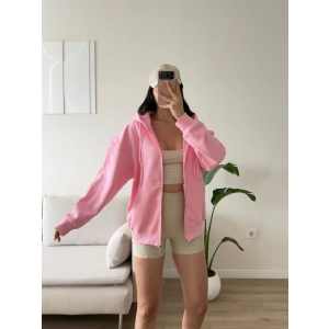 Kapüşonlu Oversize Fermuarlı Hırka - PEMBE