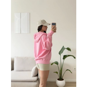Kapüşonlu Oversize Fermuarlı Hırka - PEMBE