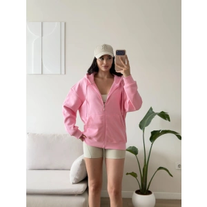 Kapüşonlu Oversize Fermuarlı Hırka - PEMBE