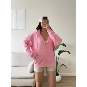 Kapüşonlu Oversize Fermuarlı Hırka - PEMBE