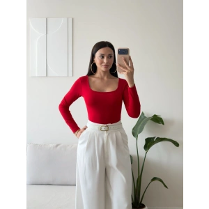Kare Yaka Bodysuit - KIRMIZI