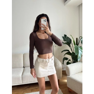Kare Yaka Kısa Crop - KAHVE