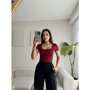 Kare Yaka Kısa Kol Bodysuit - BORDO