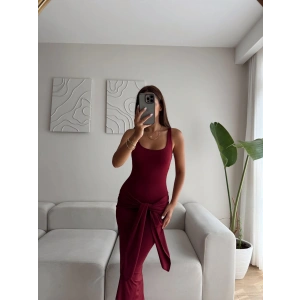 Kare Yaka Kuşaklı Elbise - BORDO