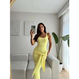 Kare Yaka Kuşaklı Elbise - SARI