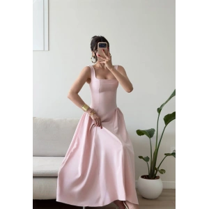 Kare Yaka Prenses Elbise - PEMBE