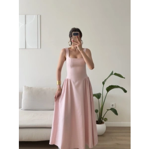 Kare Yaka Prenses Elbise - PEMBE