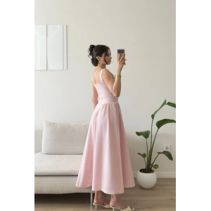 Kare Yaka Prenses Elbise - PEMBE