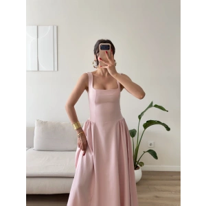 Kare Yaka Prenses Elbise - PEMBE