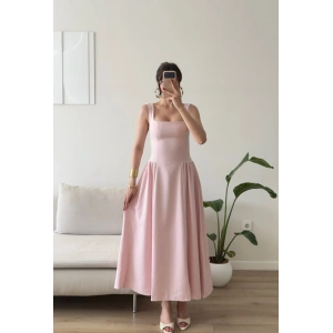 Kare Yaka Prenses Elbise - PEMBE