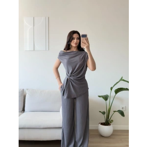 Kayık Yaka Asimetrik Takım - FÜME
