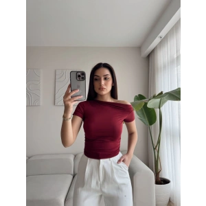Kayık Yaka Büzgülü Crop - BORDO
