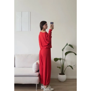 Kayık Yaka Buzzy İkili Takım - KIRMIZI