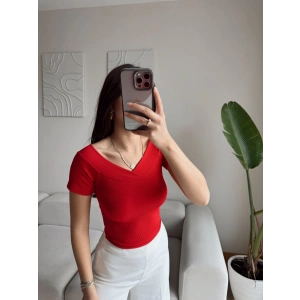 Kayık Yaka Çapraz Bluz - KIRMIZI