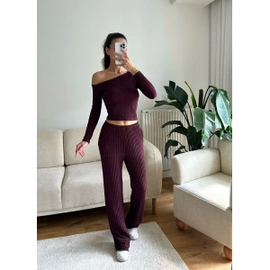 Kayık Yaka Crop & Pantolon Takım - MÜRDÜM