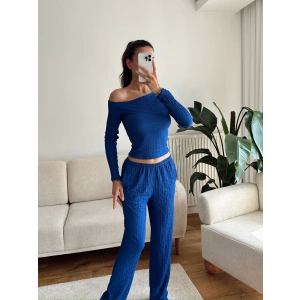 Kayık Yaka Crop & Pantolon Takım - SAKS MAVİSİ