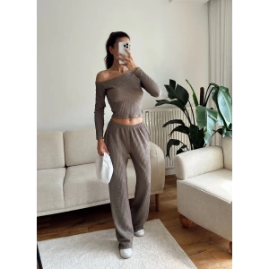 Kayık Yaka Crop & Pantolon Takım - VİZON