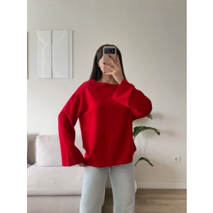 Kayık Yaka Oversize Sweat - KIRMIZI
