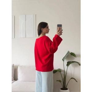 Kayık Yaka Oversize Sweat - KIRMIZI