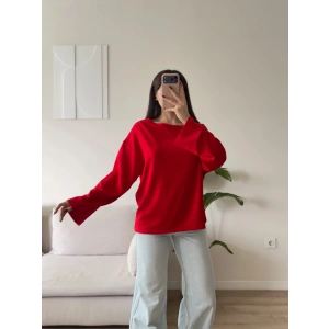 Kayık Yaka Oversize Sweat - KIRMIZI