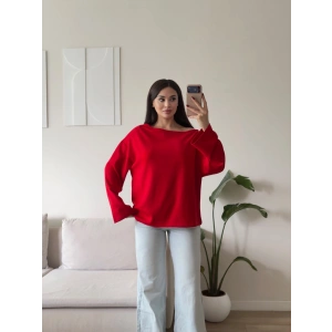 Kayık Yaka Oversize Sweat - KIRMIZI