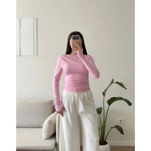 Kayık Yaka Parmak Geçmeli Bluz - PEMBE