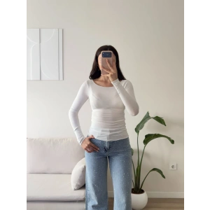 Kayık Yaka Transparan Bluz - BEYAZ