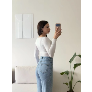 Kayık Yaka Transparan Bluz - BEYAZ