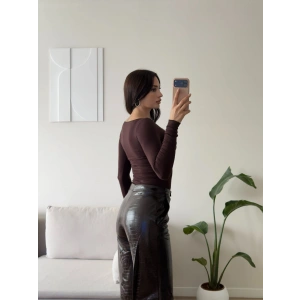Kayık Yaka Transparan Bluz - KAHVE