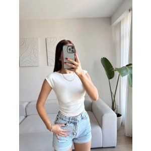 Yan Lastik Kayık Yaka Crop - BEYAZ