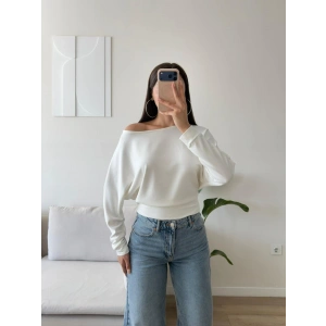 Kayık Yaka Yarasa Kol Bluz - BEYAZ