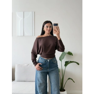 Kayık Yaka Yarasa Kol Bluz - KAHVE