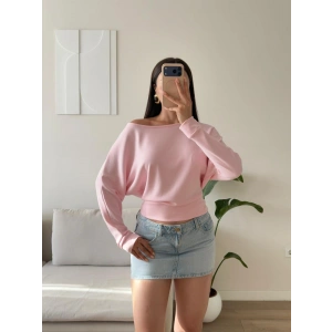 Kayık Yaka Yarasa Kol Bluz - PEMBE