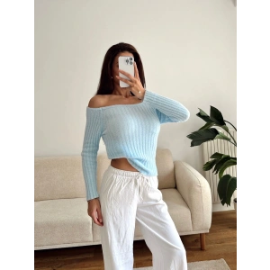 Kayık Yaka Yumoş Crop - MAVİ