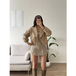 Kemerli Kruvaze Crop Ceket - BEJ