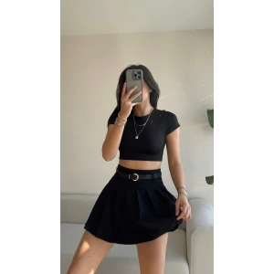 Kemerli Pileli Kloş Şort Etek-SİYAH