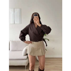 Kemerli Kruvaze Crop Ceket - KAHVE
